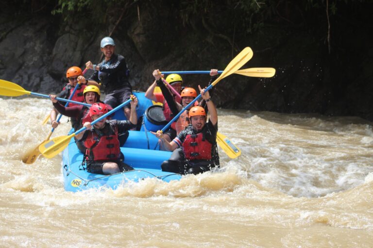 Rafters cheer with paddles raised as their blue raft bounces through a Pacuare River rapid, a guide steering at the back